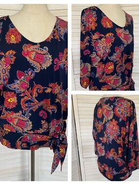 Jones New York Signature Navy Print Tie-Hem Blouse SZ L